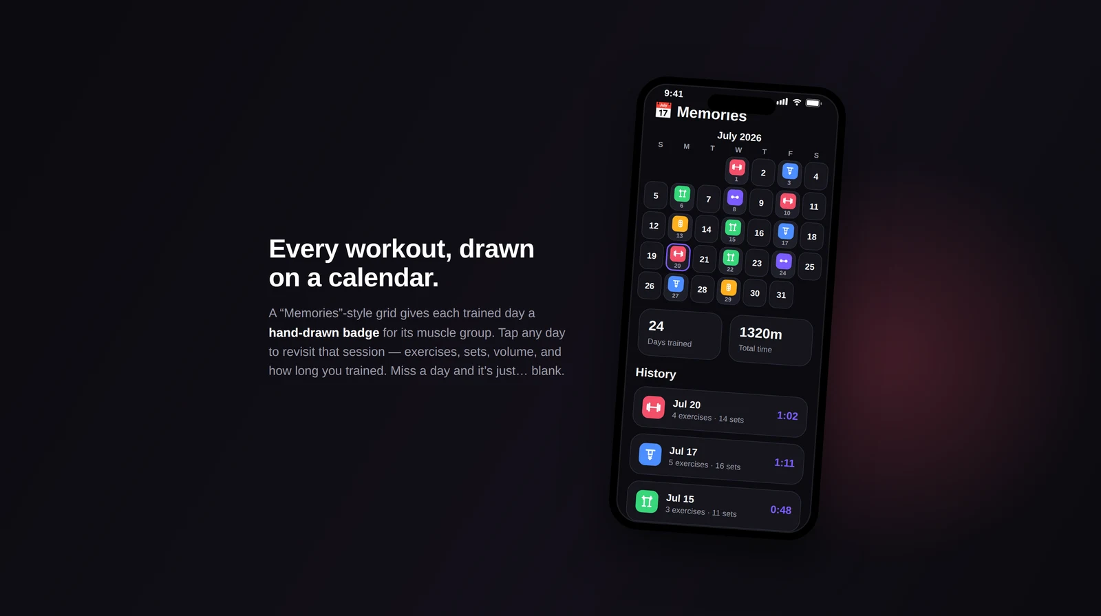 The Memories calendar, with a drawn badge on every day you trained