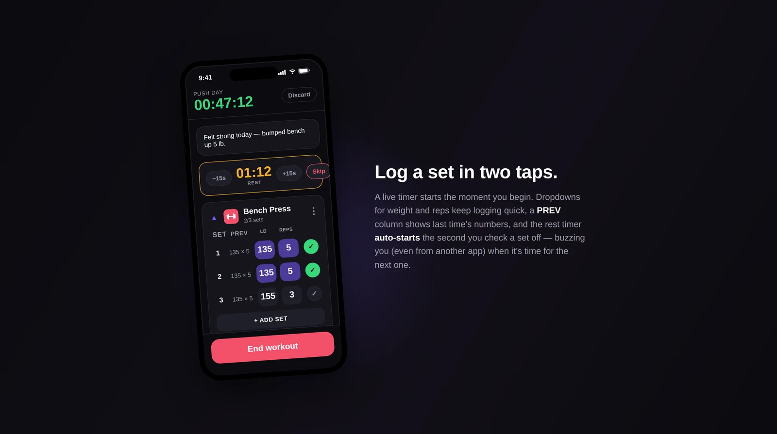 Logging sets on the live workout screen, with the rest timer running